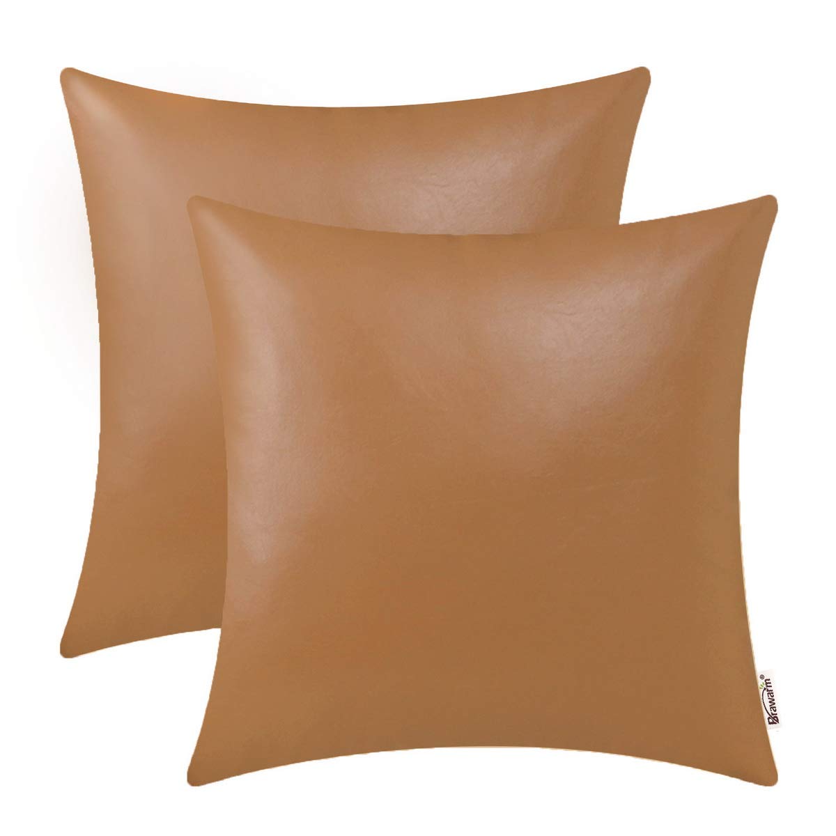 Brawarm Faux Leather Throw Pillow Covers 16 X 16 Inches - Tan Leather Pilow Covers Pack Of 2, Solid Dyed Leather Pillowcases For